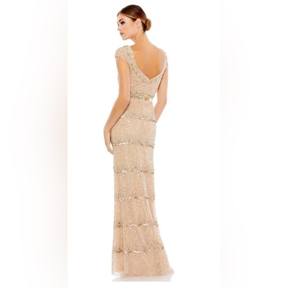 Nwt Mac Duggal Cap Sleeve Embellished Column Gown in Nude - Picture 3 of 15